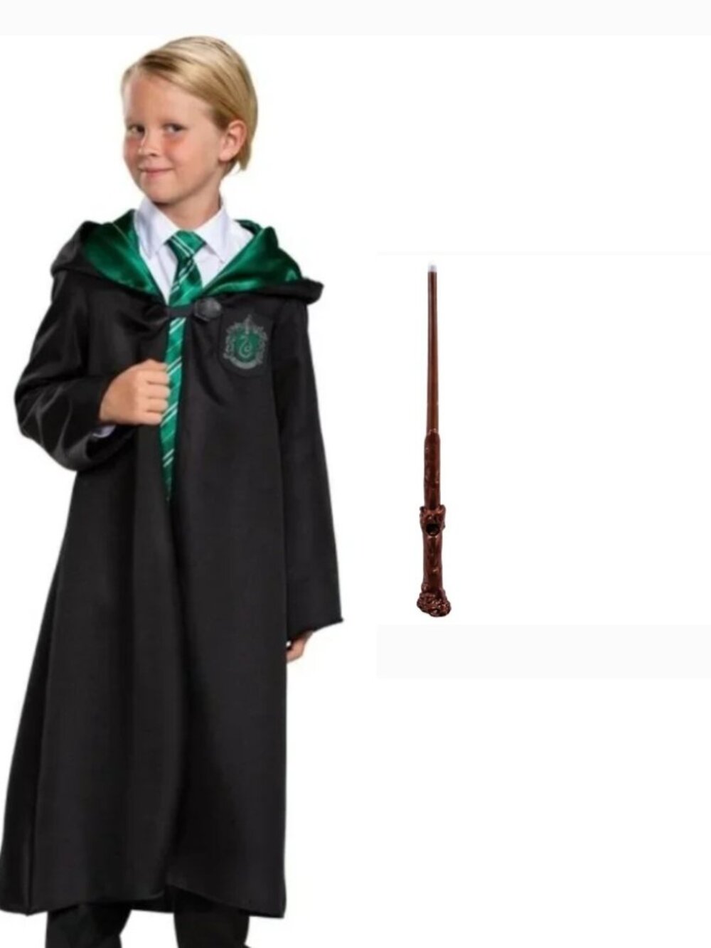 Harry Potter Slytherin Robe & Light Up Wand Halloween Costume 7/8 Black Hooded - Picture 1 of 9